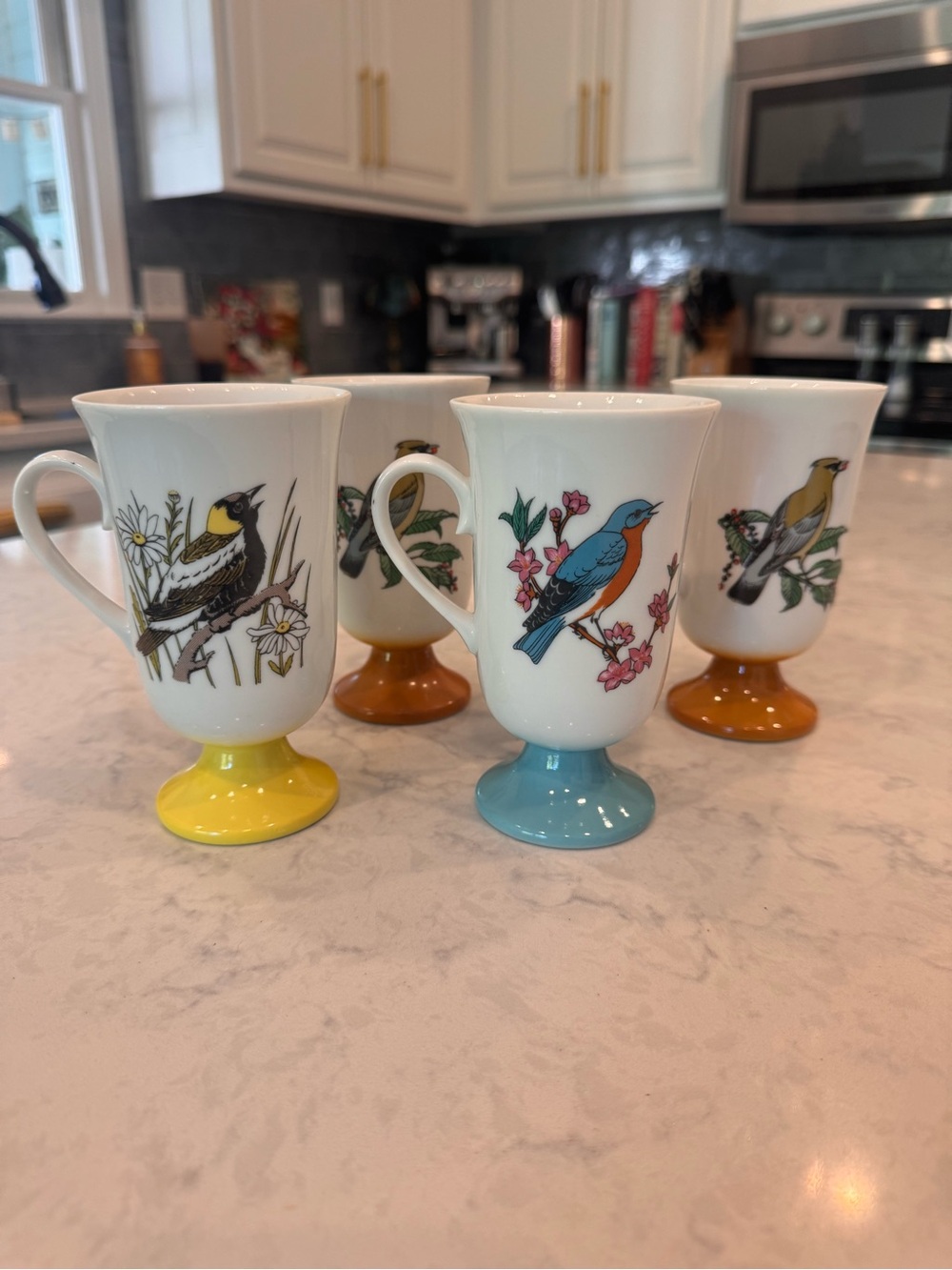 Vintage 1960s Fred Roberts Songbird Pedestal Irish Coffee Mugs Japan Set 4